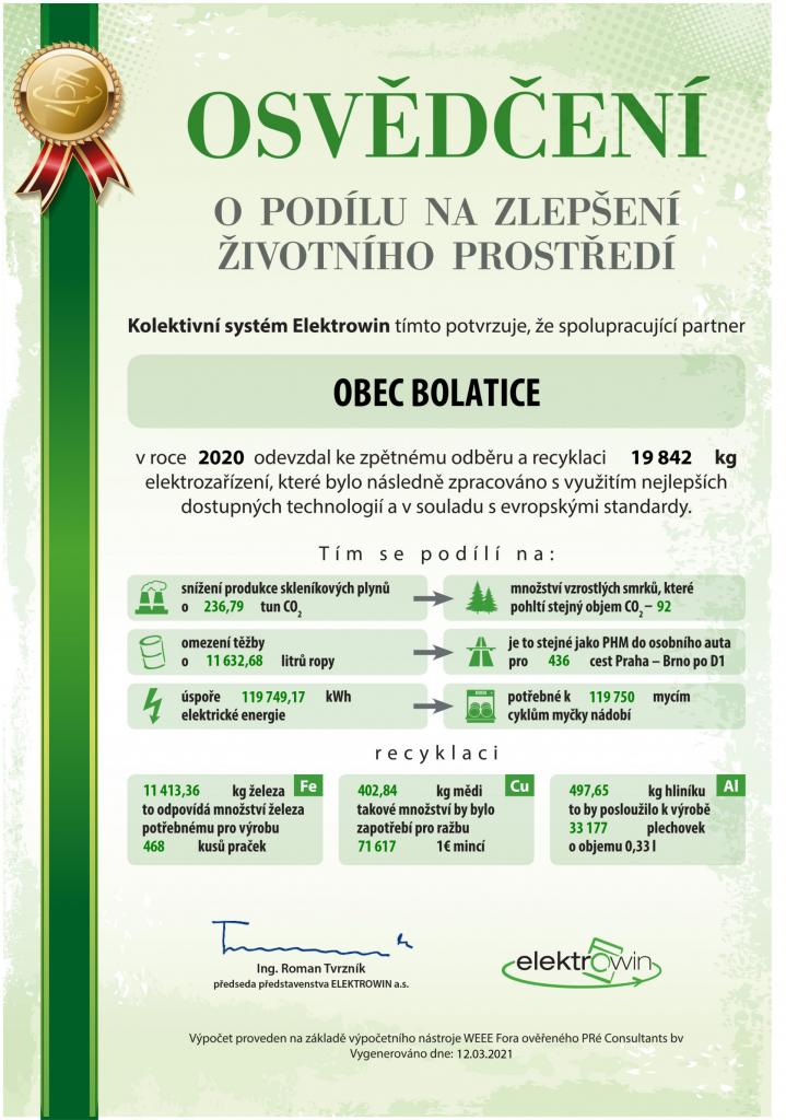 Osvědčení o&nbsp;podílu na&nbsp;zlepšení životního prostředí v&nbsp;roce 2020&nbsp;1