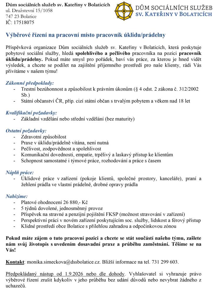 Nabídka práce - pracovník úklidu a prádelny