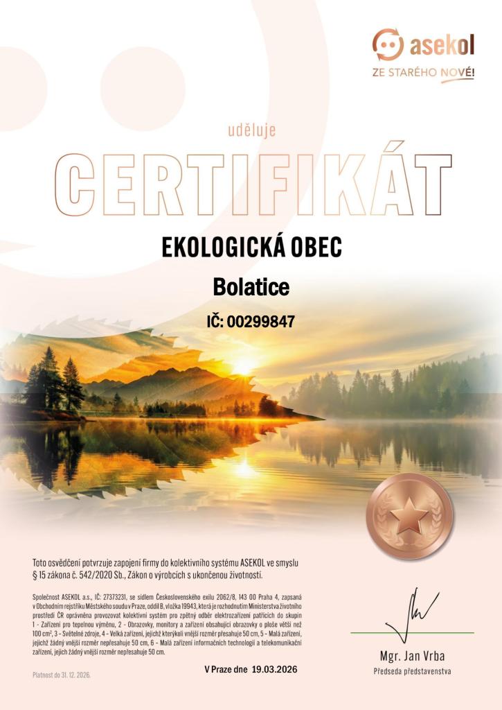 Certifikát Ekologická obec 2026
