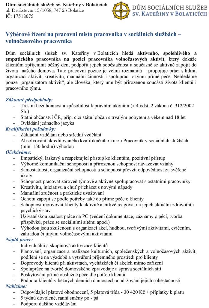 Nabídka práce - volnočasový pracovník