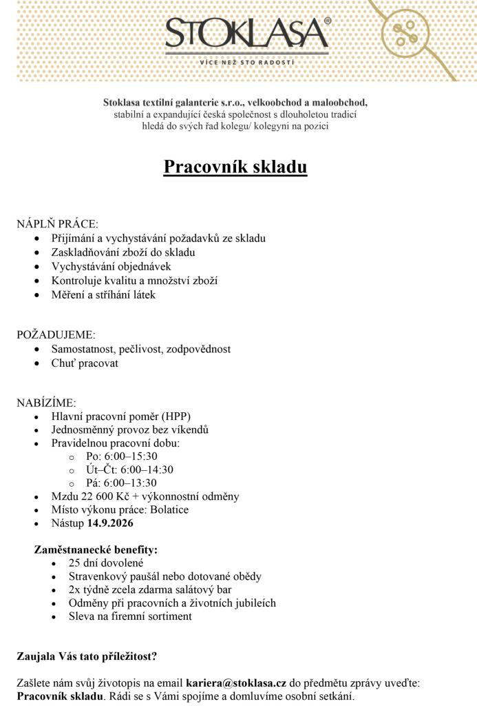 Nabídka práce - pracovník skladu