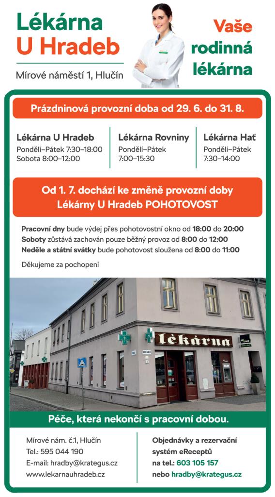 Lékárna u&nbsp;Hradeb Hlučín - letní provozní doba