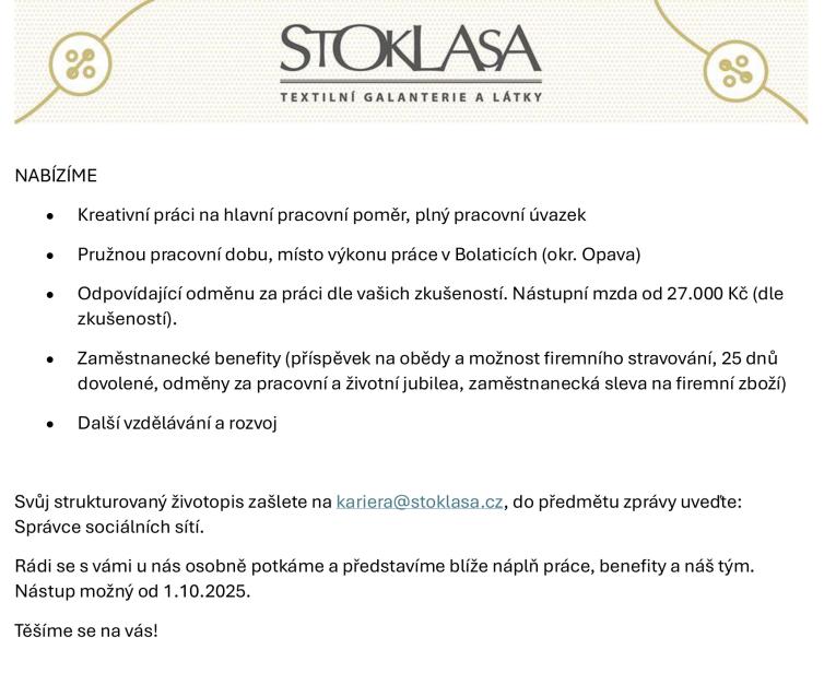 Nabídka práce - správce sociálních sítí